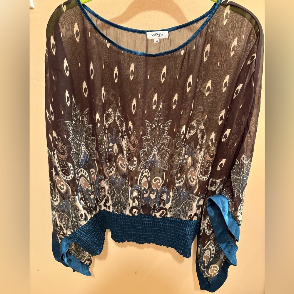 Verty Sheer Blouse Paisley Peacock Pattern Kimono Sleeve  Cinched Waist Size M